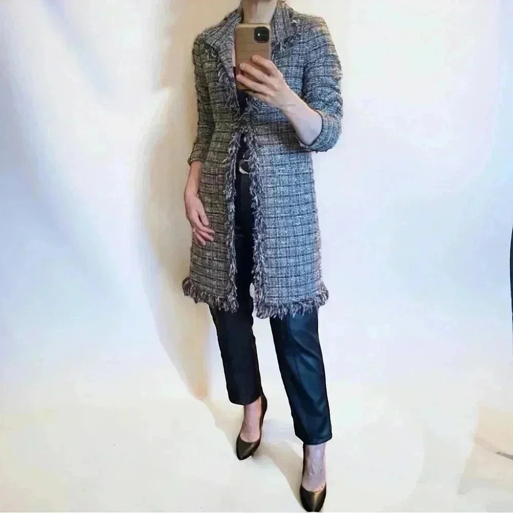 Suzy Shier Blazer Topper Coat Brown Metallic Plaid Tweed Fringe Trim Duster XS